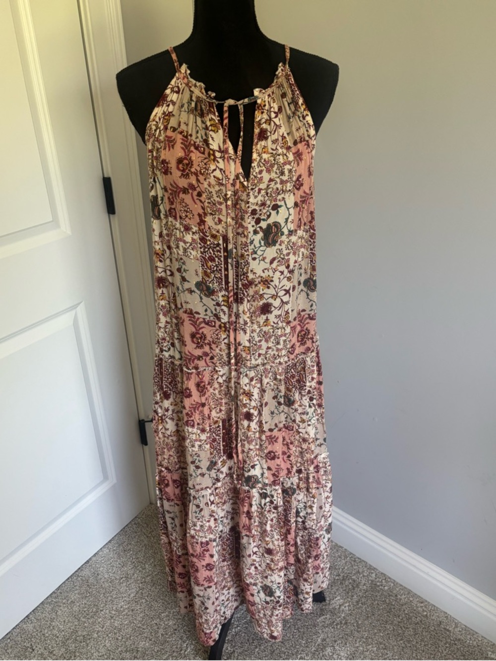 Anthologie Boho Floral Tie-Front Maxi Dress in Blush and Cream
